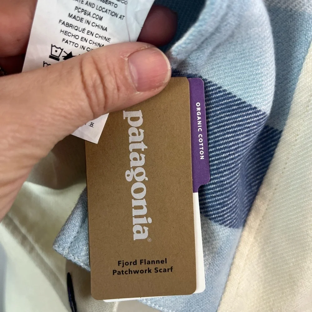 Patagonia Fjord Flannel‎ Patchwork Scarf Organic Cotton Blue Plaid NWT Unisex
